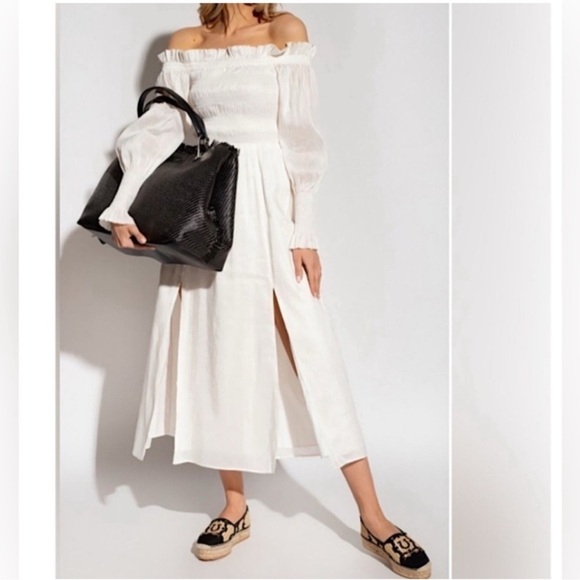 Allsaints Lary Dress 2 Ivory Linen & Silk Blend Midi Length Off The Shoulder - Picture 3 of 13